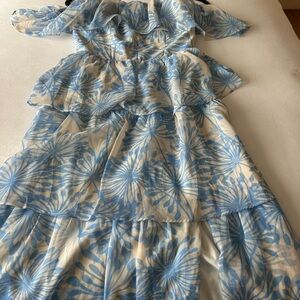 Amanda Uprichard Floral Blue and White Tiered Midi Dress
